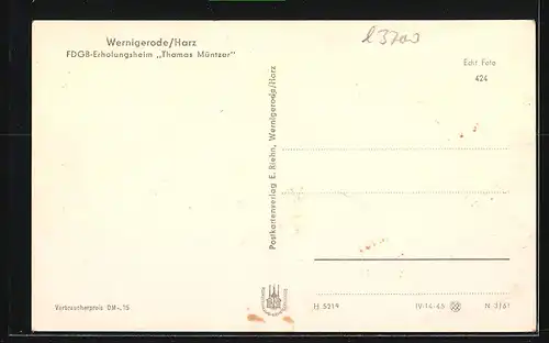 AK Wernigerode /Harz, FDGB-Erholungsheim Thomas Müntzer