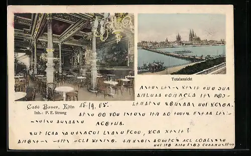 AK Köln, Innenansicht Café Bauer und Totalansicht mit Dom