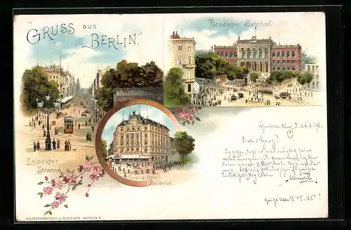 Lithographie Berlin, Potsdamer Bahnhof, Grand-Hotel-Bellevue