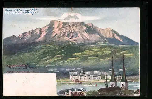 Künstler-AK Ernst Schlemo, Killinger Nr. 202: Luzern & Pilatus, Berg mit Gesicht / Berggesichter