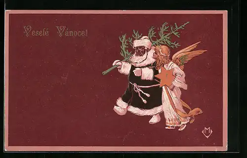 Präge-AK Veselé Vánoce!, Weihnachtsmann und Weihnachtsengel mit Stern und Christbaum