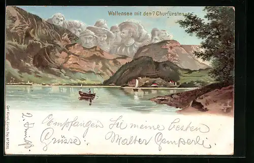 Lithographie Künzli Nr. 5020, Wallensee mit den 7 Churfürsten, Berge mit Gesicht / Berggesichter
