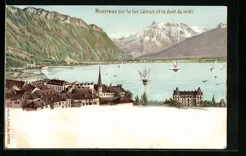 Künstler-AK Künzli Nr. 5019, Montreux sur le lac Léman et la dent du midi, Berg mit Gesicht / Berggesichter