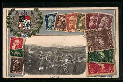 Präge-AK Miesbach, Teilansicht, Bayer. Briefmarken, Wappen