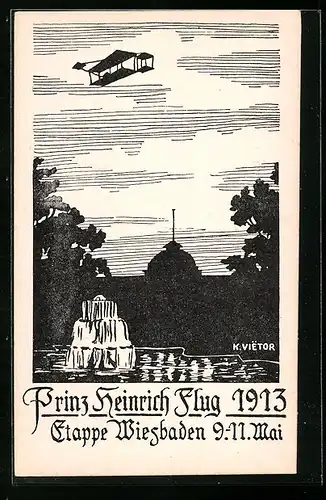 Künstler-AK Wiesbaden, Prinz Heinrich Flug 1913, Etappe am 9. und 11. Mai, Doppeldecker über dem Schlosspark