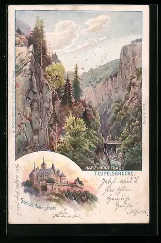 Lithographie Schwenke Ser. 3 Nr. 3, Teufelsbrücke im Bodethal, Schloss Wernigerode, Berggesichter