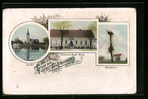 AK Berlin-Lichtenrade, Restaurant Josef Kura, Kirche, Storchnest