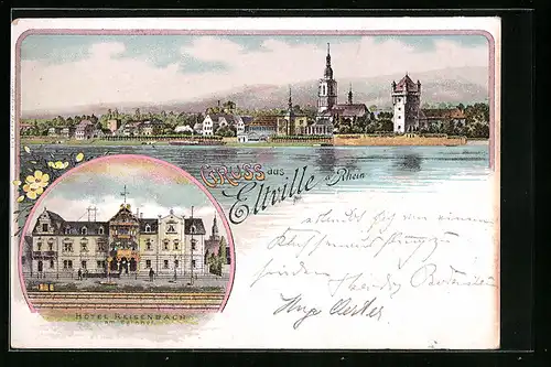 Lithographie Eltville a. Rhein, Hotel Reisenbach am Bahnhof, Uferpartie mit Kirche