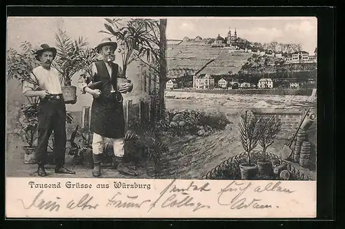 AK Würzburg, Uferpartie, Zwei Gärtner mit Blumentöpfen