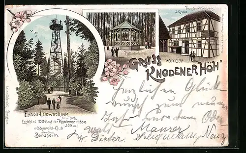 Lithographie Bensheim, Gasthaus Knodener Höh`, Mathildentempel, Ernst-Ludwig Turm errichtet 1886 v. Odenwald-Club