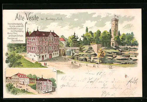 Lithographie Zirndorf, Alte Veste, Ortspartie