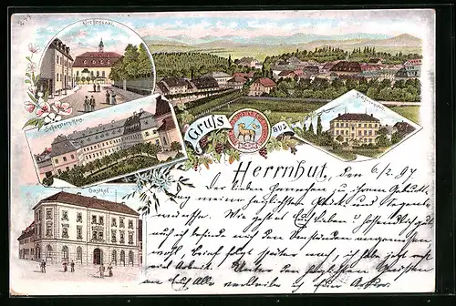 Lithographie Herrnhut, Ortsansicht, Kirchensaal, Schwestern-Haus, Gasthof