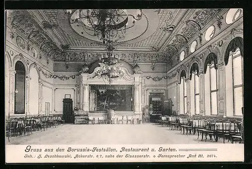 AK Berlin, Borussia-Festsäle, Restaurant u. Garten, Inh.: J. Leschkowski, Ackerstrasse 6 /7