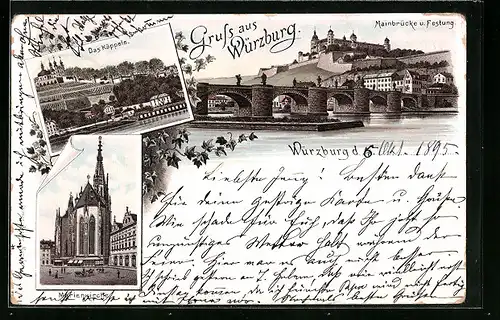Vorläufer-Lithographie Würzburg, 1895, Marienkirche, das Käppele, Mainbrücke und Festung
