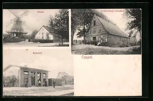 AK Cappel-Midlum, Schlichtings Gasthof, Bahnhof, Mühle