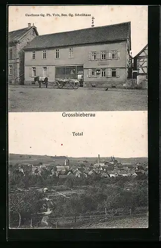 AK Grossbieberau, Gasthaus Gg. Ph. Volz, Besitzer Gg. Schellhaas, Ortsansicht