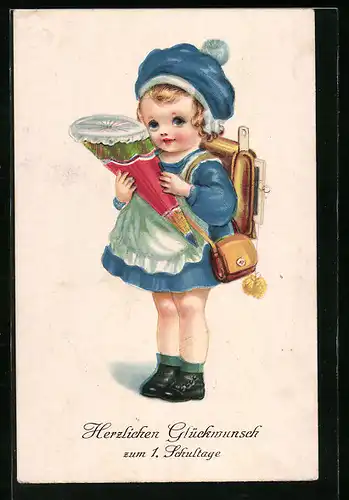 AK Glückwünsche zum Schulanfang, Mädchen mit Zuckertüte