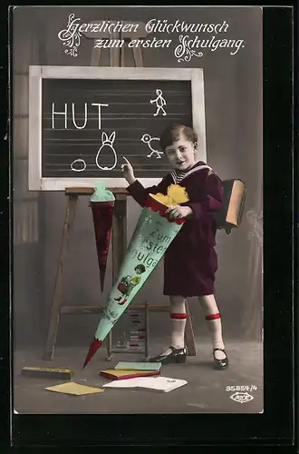 AK Junge mit Zuckertüte und Schulranzen