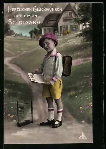 AK Glückwünsche zum ersten Schulgang, Junge mit Buch und Ranzen