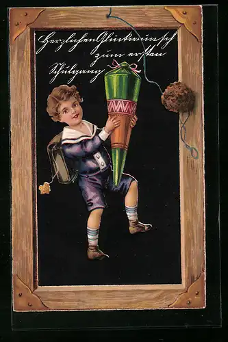 AK Junge mit Schultüte, Tafel