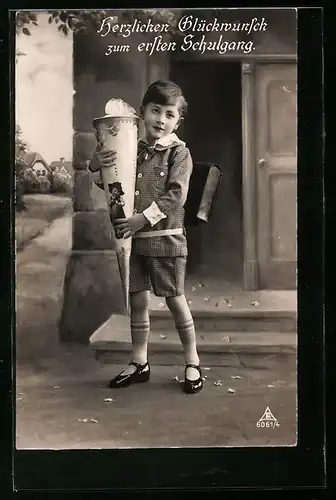 AK Glückwünsche zum Schulanfang, Junge mit Schultüte