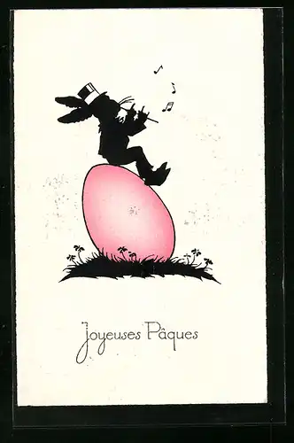 AK Osterhase mit Flöte auf Osterei