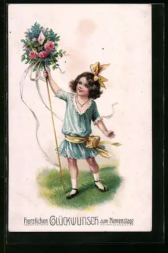 AK Glückwünsche zum Namenstag, Mädchen mit Blumen