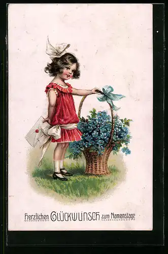 AK Glückwünsche zum Namenstag, Mädchen mit Blumen
