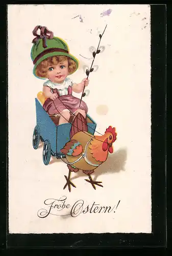 AK Mädchen im Karren mit Huhn, Frohe Ostern