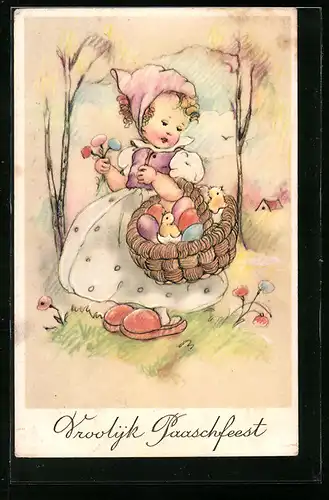 AK Mädchen mit Osterküken zum Feste