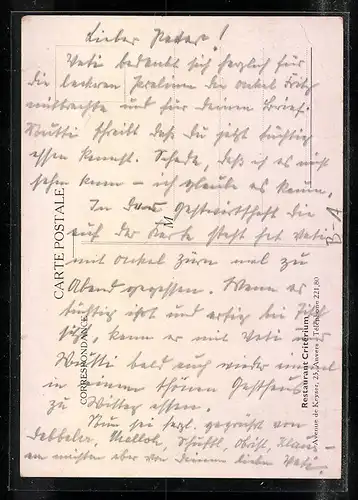 Künstler-AK Anvers, Restaurant Critérium, Avenue de Keyser 25