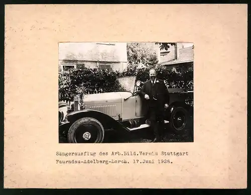 2 Fotografien unbekannter Fotograf, Ansicht Stuttgart, Auto Opel, Sängerausflug des Arb. Bild. Verein Stuttgart 1928