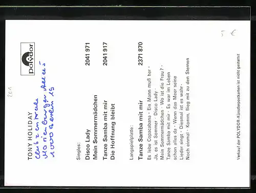 AK Musiker Tony Holiday, original Autograph