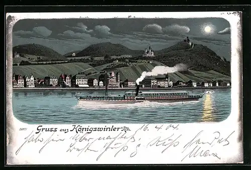 Mondschein-Lithographie Königswinter /Rhein, Teilansicht über den Rhein, Rheindampfer