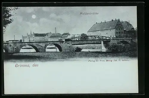 Mondschein-AK Grimma, Partie an der Muldenbrücke
