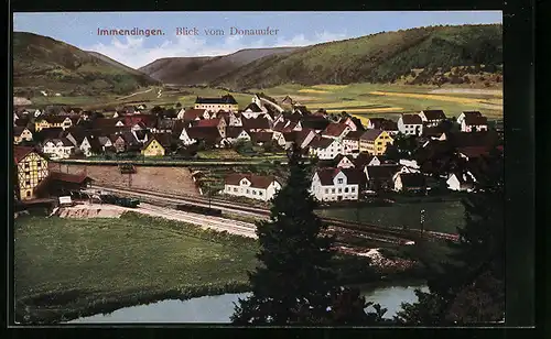 AK Immendingen, Blick vom Donauufer mit Bahnstrecke