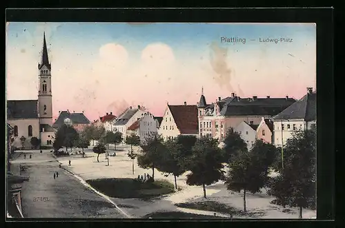 AK Plattling, Ludwig-Platz, Kirche