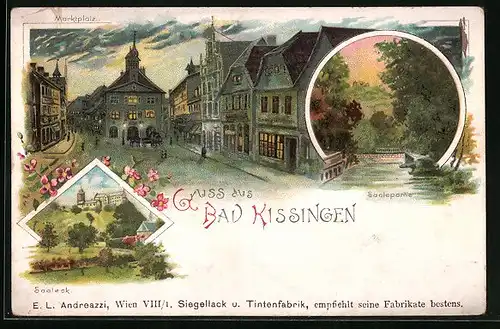 Lithographie Bad Kissingen, Abendstimmung am Marktplatz, Saaleck