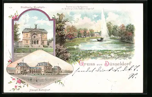 Lithographie Düsseldorf, Städtische Kunsthalle, Partie aus Hofgarten im Hintergrund Schloss Jägerhof, Haupt-Bahnhof