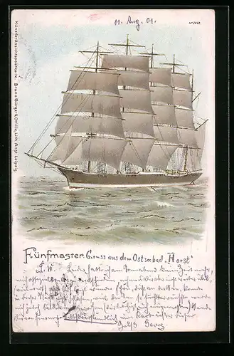 Lithographie Fünfmaster auf hoher See, Segelschiff