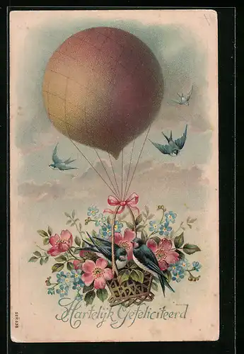 Präge-AK Blumengruss mit Schwalben per Ballon