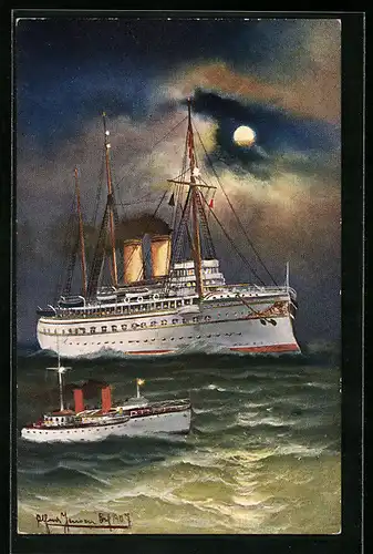 Künstler-AK SM Hohenzollern mit Depeschenboot im Mondlicht