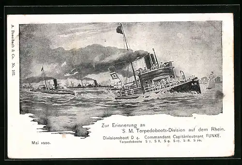 Lithographie SM Torpedoboots-Division unter dem Kapitänleutnanten Funke auf dem Rhein, Divisionsboot D4