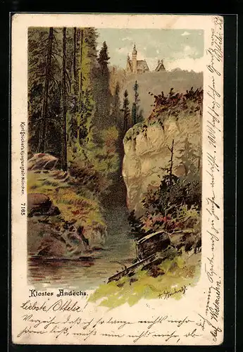 Künstler-AK Andechs, Waldpartie mit Kloster Andechs