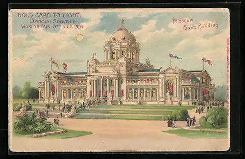 Lithographie St. Louis, World`s Fair 1904, Missouri State Building, Halt gegen das Licht