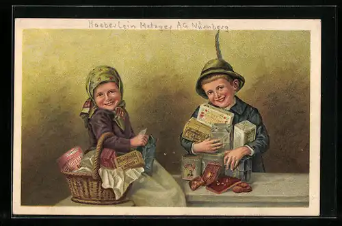 AK Nürnberg, Zwei Kinder mit Lebkuchen und Keksen der Haeberlein-Metzger AG