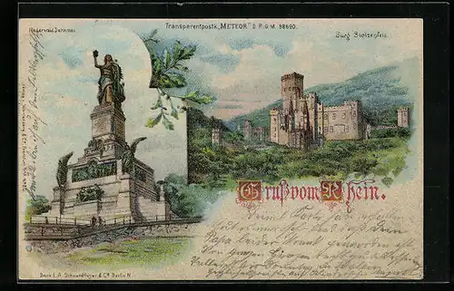 Lithographie Niederwald, Denkmal und Burg Stolzenfels, Halt gegen das Licht