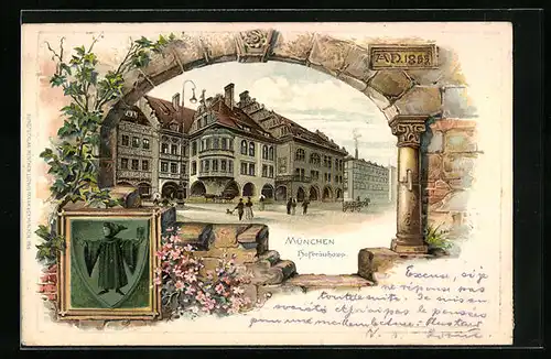 Passepartout-Lithographie München, Münchner Hofbräuhaus, Wappen mit Münchner Kindl