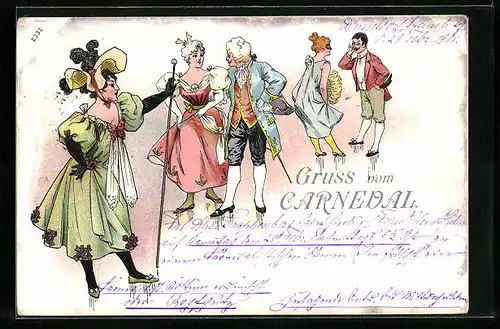 Lithographie Damen und Herren in Kostümen beim Fasching