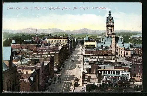 AK Holyoke, MA, Bird`s-eye View of High St., Mt. Holyoke in Distance